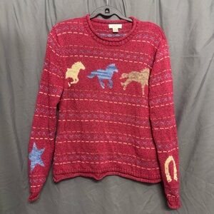 Christopher & Banks Red Crew Neck Sweater with horses and horseshoes